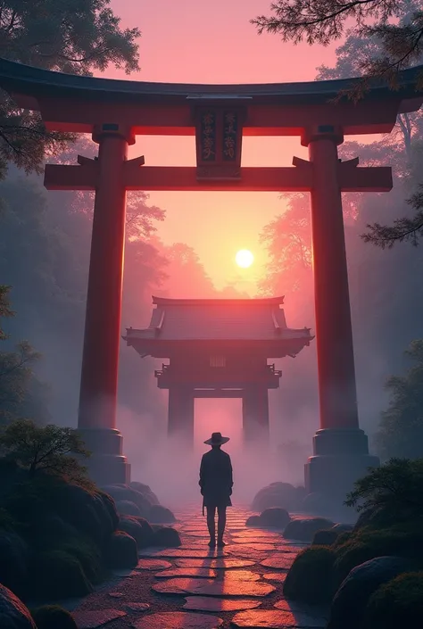 Mysterious fog、sunset、shrine、Giant torii gate