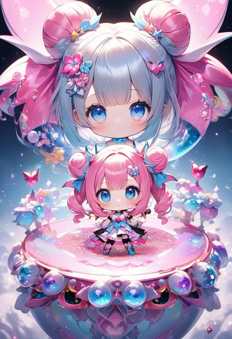 fantasy world that combines flower-punk and gem-punk, kawaii, cute magical girl, silver two side twin bun silky straight with blunt bang, cute lazy look, blue big eyes, glamorous proportions, wearing magical girl costume with a large opening at the chest, ...