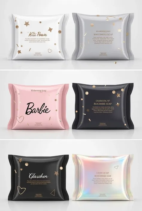 Make these in a clear picture - soap packaging ideas, box-shaped pillow styled pouch 70g in weight, the brand name is BEENISHA SKIN ESSENTIALS:

Kili Power Whitening Soap: White or light gray pouch with a subtle pattern of stars or lightning bolts, symboli...