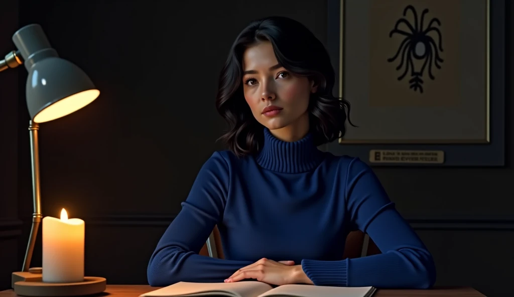 Young woman of 2, black hair with falling waves, hazel eyes, Pale skin, soft features, europea, calm expression, Royal blue turtleneck long sleeve sweater, looking to the camera, dark background room, Two types of lighting, sitting behind a desk with a lit...