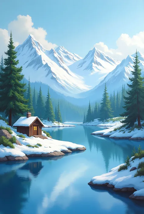 landscape with many small
 snow mountains in the back a lake in the middle , forest, house
acrylic painting
