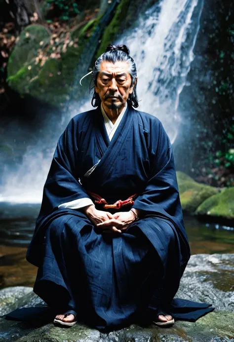 Myamoto musashi legendary japanese samurai with hands clasped standing with eyes closed near a waterfall 