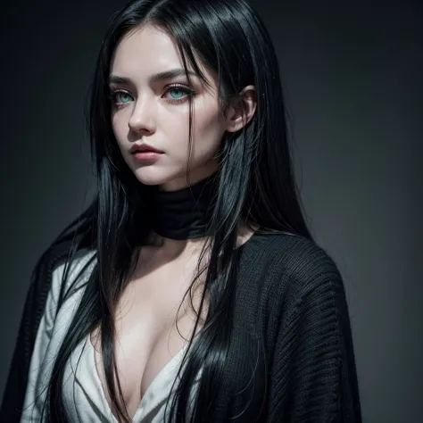 A close-up portrait of a young woman between 25 and 30 years old, with long, black hair, and pale white skin. Her dark green eyes are striking, enhanced by bold makeup. She embodies a rock and gothic style, with an alternative edge. The expression on her f...