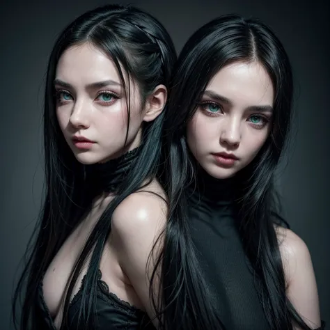 A close-up portrait of a young woman between 25 and 30 years old, with long, black hair, and pale white skin. Her dark green eyes are striking, enhanced by bold makeup. She embodies a rock and gothic style, with an alternative edge. The expression on her f...