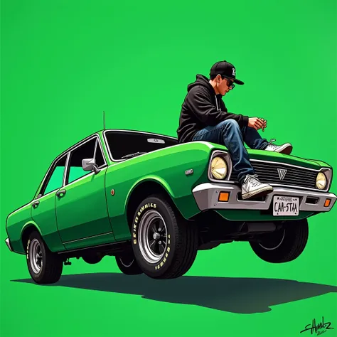 G-FUNK Hip Hop Album Cover, Green Background, Green Car, With If WONA behemes a gangster on the back of the painting, an Asian teen troublemaker with a black LA hoodie, a black LA ball cap pressed deep, and pulled down a wide pair of jeans, with one sittin...