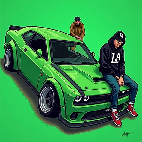 G-FUNK Hip Hop Album Cover, Green Background, Green Car, With If WONA behemes a gangster on the back of the painting, an Asian teen troublemaker with a black LA hoodie, a black LA ball cap pressed deep, and pulled down a wide pair of jeans, with one sittin...