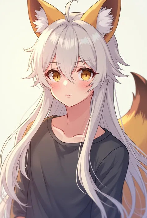 Long white haired boy 20 to 26 with amber eyes, with fox ears and tail, with a kind older brother personality, quite masculine but cute in anime style 