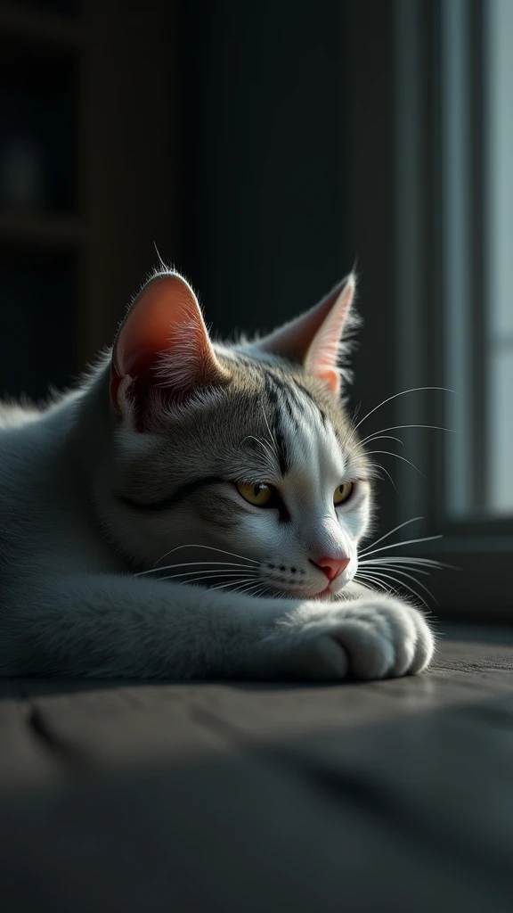  A scene of a cat with tears in its eyes, looking sad. The cat’s eyes are moist, with a tear gently rolling down its cheek. Its ears are pinned back, and its body is curled up, appearing lonely. The background is dimly lit, in a quiet room, accentuating th...