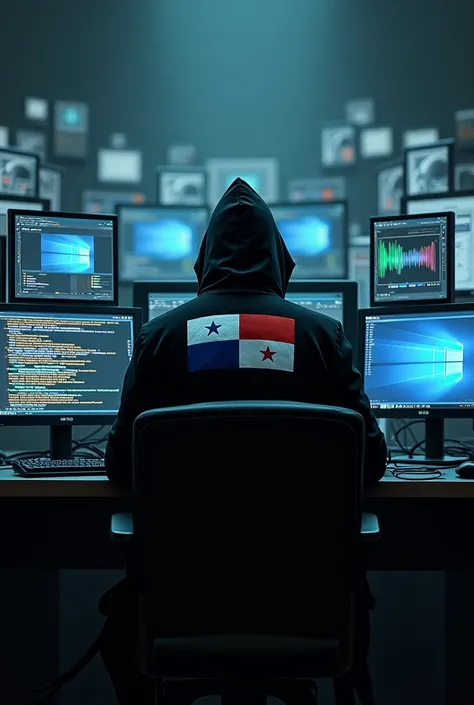 Man sitting with his back to many monitors wearing a black hacker coat with the Panama flag on the back with the name written on it "King E".
