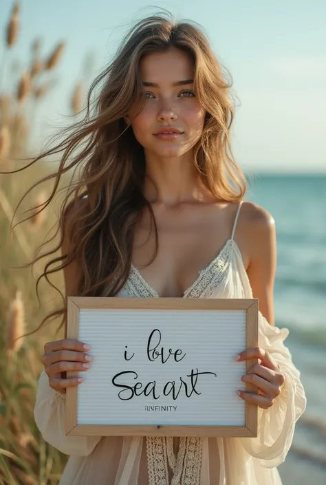 Beautiful girl with wavy long hair, bohemian dress, holding a white board with text "I Love Seaart Infinity" and showing it to the viewer