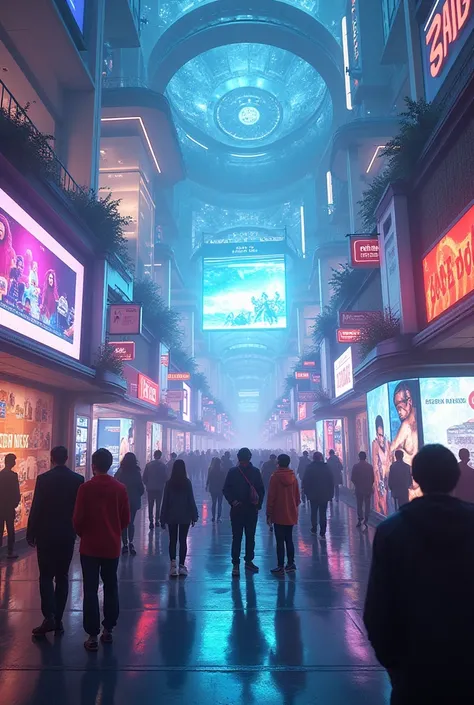 Futuristic entertainment district in the near future, shaped by the recent surge in virtual reality and augmented reality technologies. The area features large, immersive VR zones and AR-enhanced public spaces where holographic entertainment merges seamles...