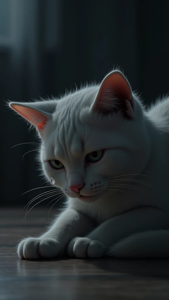  A scene of a cat with tears in its eyes, looking sad. The cat’s eyes are moist, with a tear gently rolling down its cheek. Its ears are pinned back, and its body is curled up, appearing lonely. The background is dimly lit, in a quiet room, accentuating th...