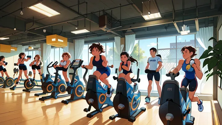 Cartoon Style，there are many people on exercise bikes in a Gym, local Gym, Hypersphere, Warm and convivial atmosphere, Gym, dim dingy Gym, in a Gym, background a Gym, hedonic treadmill, healthy, Plenty of light, Natural soft lighting, Still image, Rotation...