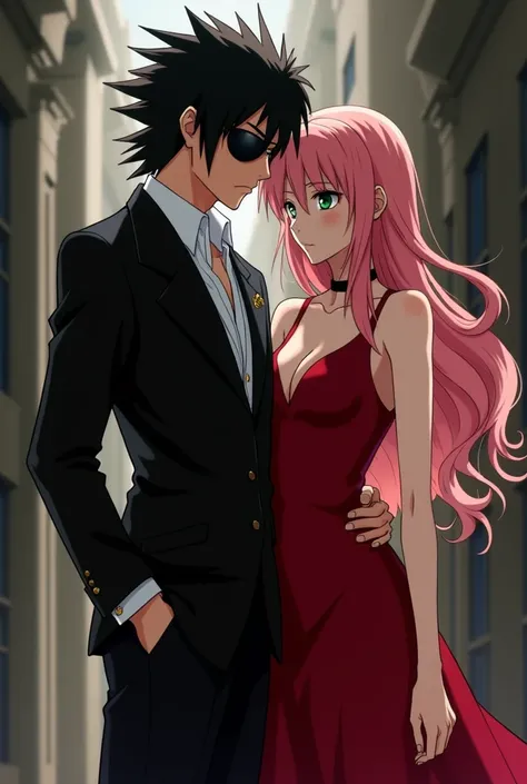 Sasuke Uchiha with a dark hair and black eye patch and a stylish black suit hugging Sakura Haruno with her long pink hair and green eyes wearing a red dress, both dressed in elegant clothes as if they were from the mafia and looking ahead