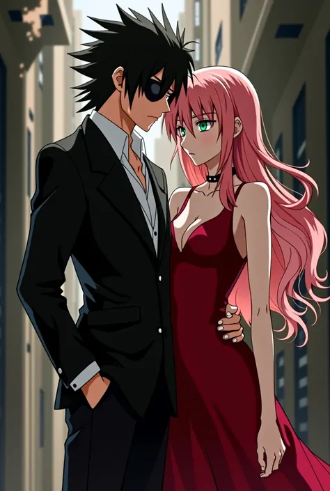 Sasuke Uchiha with a dark hair and black eye patch and a stylish black suit hugging Sakura Haruno with her long pink hair and green eyes wearing a red dress, both dressed in elegant clothes as if they were from the mafia and looking ahead