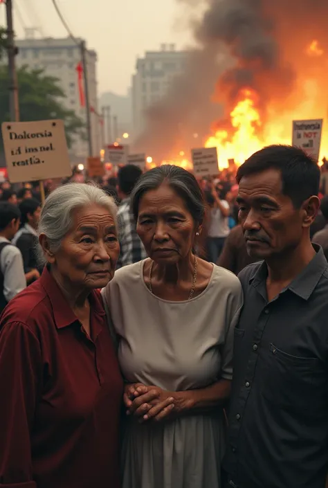 Photo of grandmother and parents in the middle" The demonstrators are carrying signs that say INDONESIA IS NOT WELL" ONLY the flames were burning and the red and white flag was burned