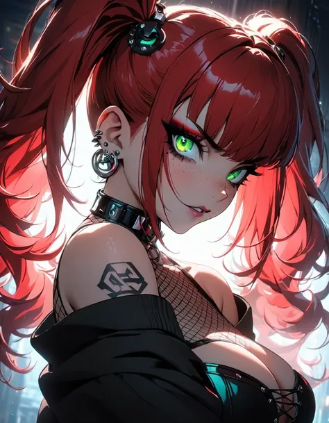 woman, curly red hair in pig tails, green eyes, eye shadow, black hoodie, black finger-less gloves, exposed shoulders, large breasts, freckles, cleavage, fishnet undershirt, looking at viewer, Holo-Punk Style, goth, earrings, eyelashes, makeup, solo, tatto...