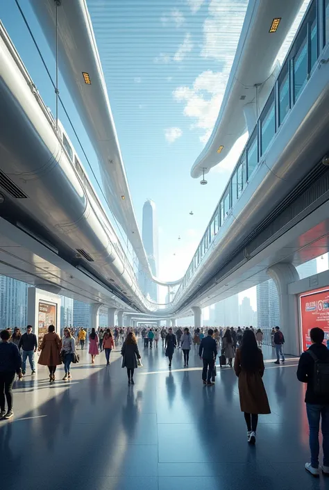 Futuristic transportation hub in the near future, evolved in response to recent advancements in high-speed travel technology. The hub features sleek, elevated maglev trains and hyperloop stations that have dramatically reduced travel times. The architectur...