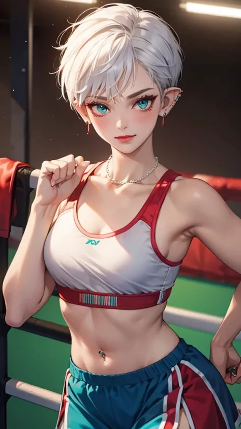 8k, masterpiece, best quality, highly detailed, 1 girl, elf, pixie cut, multicolored hair, very short straight hair red highlight hair on white hair, strippled hair, earrings, navel piercing, red eyeshadow, long eyelashes, blushed cheek, red lips, pearl ne...