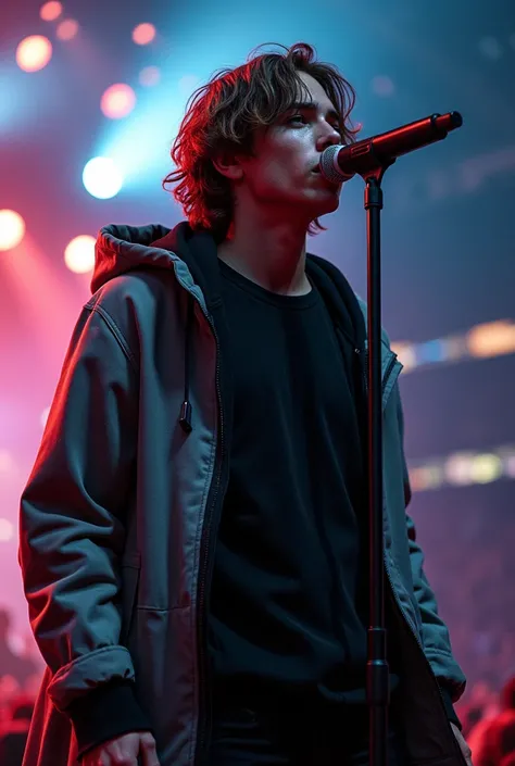 artwork best quality handsome american male teenager long brown hair light skin with coat with cape and silver hood on head black long sleeve shirt underneath singing holding a microphone seen from far away at a concert with details uhq 8k details