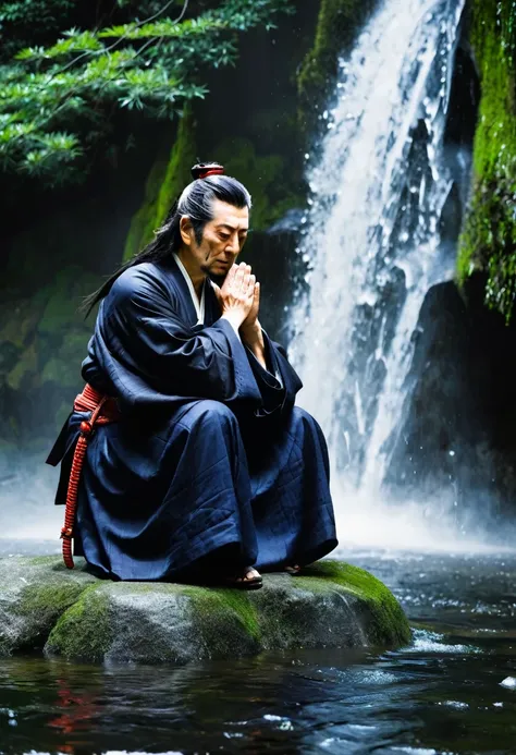 Myamoto musashi legendary japanese samurai with hands clasped standing with eyes closed near a waterfall 