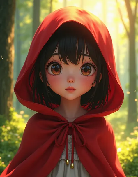 cute anime girl, little red riding hood, 1girl, beautiful detailed eyes, beautiful detailed lips, extremely detailed face and eyes, long eyelashes, red hooded cape, forest background, sunlight filtering through trees, beautiful detailed lighting, cinematic...