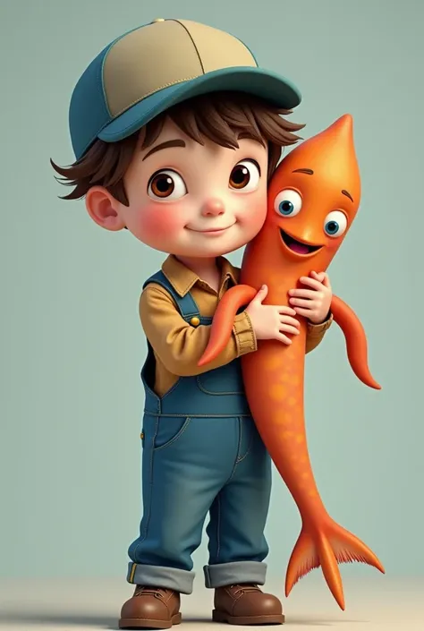 A boy wearing a cap and blue overalls hugs a squid.
