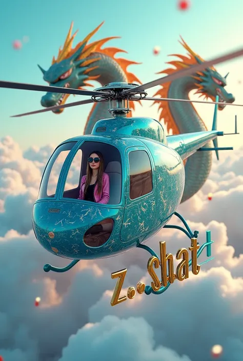 Create a 3d realistic big ligthning blue marmole helicopter floating in the clouds,inside the helicopter there is a real beautiful woman long straight hair , wearing black pink jacket with pants and shoes, with sunglasses, the name "Zchat" is written infro...