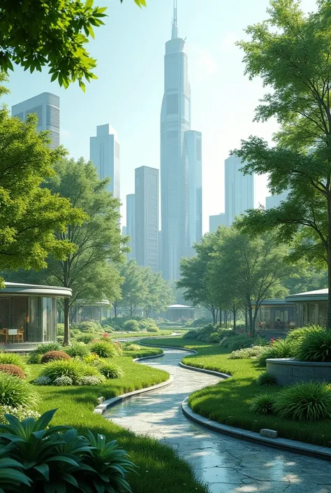 Futuristic green park in the near future, developed in response to recent global urban heatwave crises. This park features advanced climate control systems that create microclimates within the green space. The landscape includes cooling, misting zones and ...