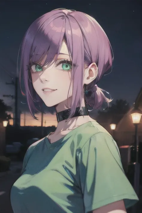 (Highest quality)、(Highest quality)、cut、Chainsaw Man、cute、(choker).eyes are emerald、Her hair is purple、Short Bob、Beautiful night view、whole body、detailed、強力なdetailed、cut、(A kind smile).