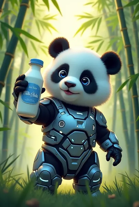 Draw a cool picture of a baby panda in futuristic armor shaking a bottle of milk in the middle of a bamboo field, and put the name MilkゞShake below the picture.