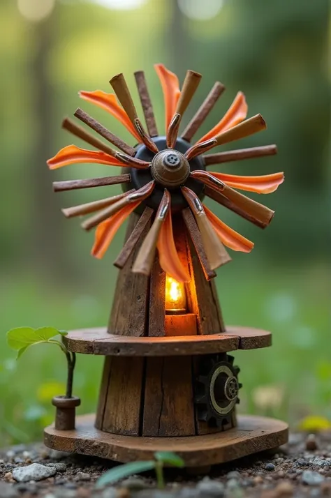 A toy windmill that spins when the wind blows, generating a small voltage that could light an LED light