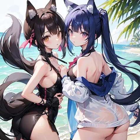 Two young、under teen、Characters A and B、They are playing together naked。 
A’s appearance、Raccoon ears on head、Hair color is blue-gray、The hairstyle is short、Eye color is hawk brown、Wearing a collar with a blue ribbon、Has a raccoon tail on his butt。 
B’s ap...