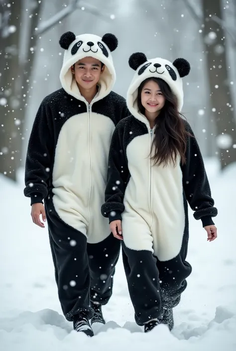 full body portrait of young Indonesian woman wearing panda costume and young Indonesian man both wearing panda costume walking in the snow,face in front of the camera