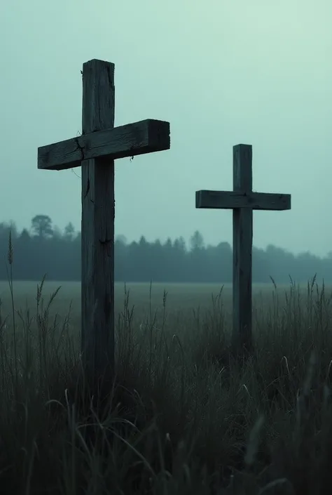 Very dark photo , just two simple old cracked wooden crosses in the tall grass on the plain , in the background in the distance there is a deciduous forest , everything is in gothic style