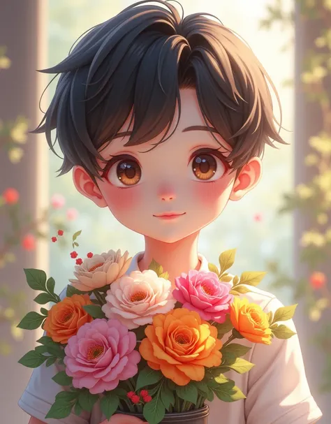 a cute anime boy, flowers vase, holding flowers, beautiful detailed eyes, beautiful detailed lips, extremely detailed face and features, portrait, anime style, pastel colors, soft lighting, fantasy, digital painting, masterpiece, high quality, 8k, intricat...