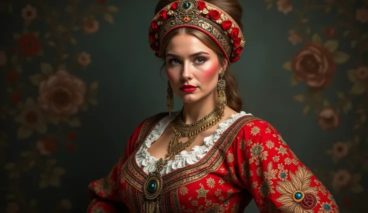 Russian woman is fat, strong, rouged, in a sarafan and kokoshnik. Very strong makeup