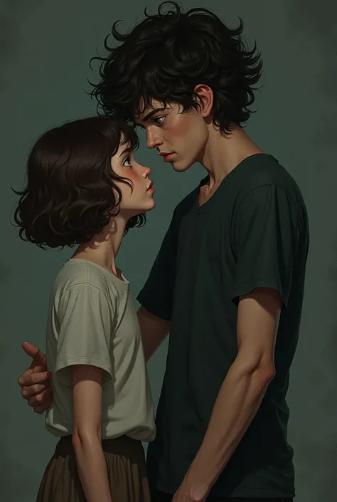 Girl with short curly hair and brown eyes next to a tall curly boy with green eyes in a possessive and jealous environment 