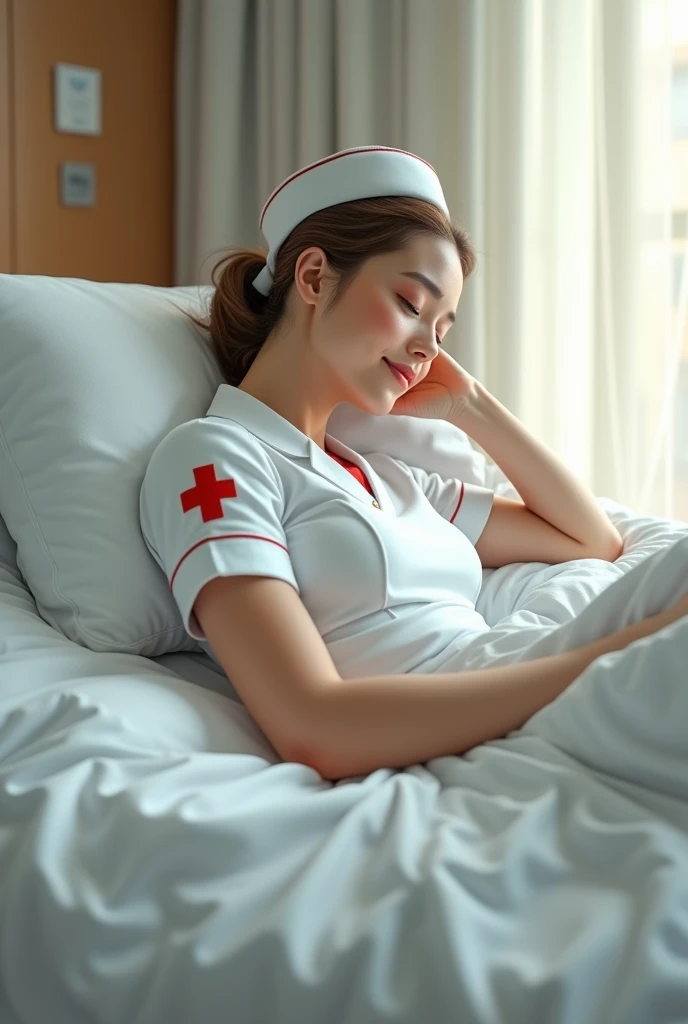 Wearing a nurse&#39;s uniform on the bed