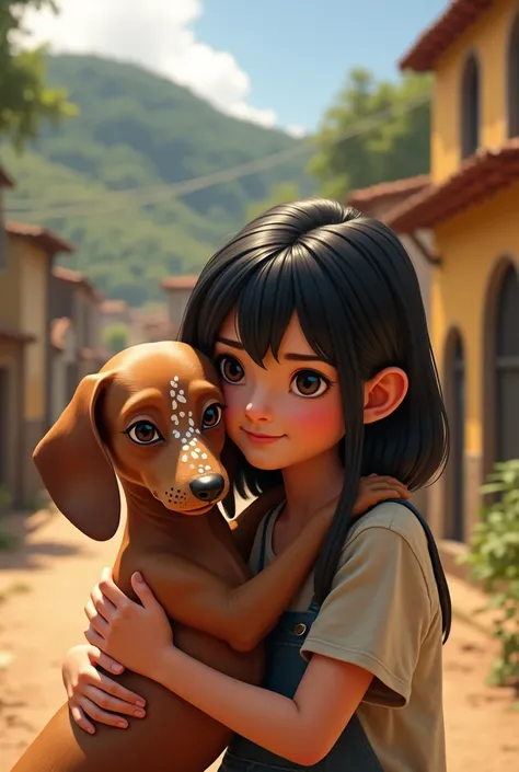 from this platform: "There is a small dachshund that has many white freckles on its nose., She has a light brown body and a teenager who is hugging her, straight black hair and brunette in Guaranda Ecuador