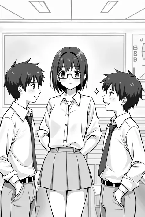 Black and white illustration of a girl with glasses and two boys talking in a university classroom


