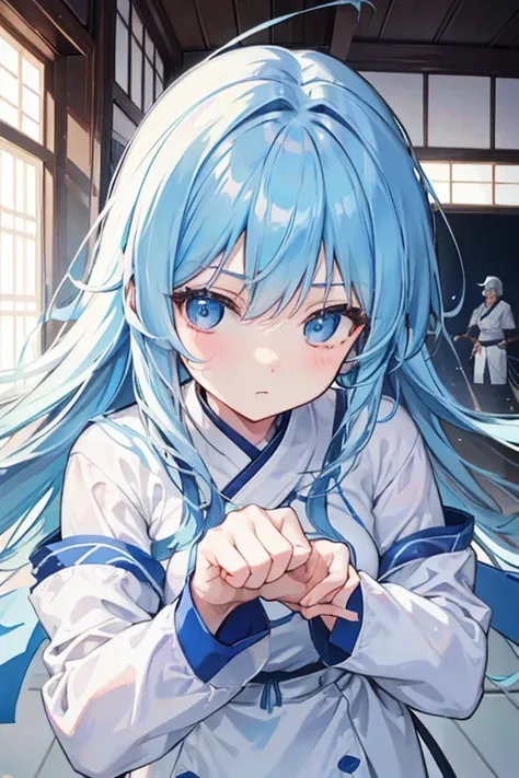 Light blue long hair、A woman wearing a white uniform、Inside the dojo、human、Fighter、Battle scene