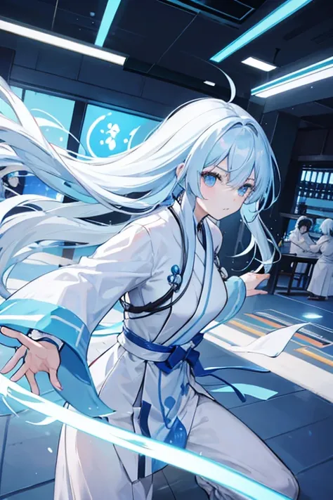 Light blue long hair、A woman wearing a white uniform、Inside the dojo、human、Fighter、Battle scene