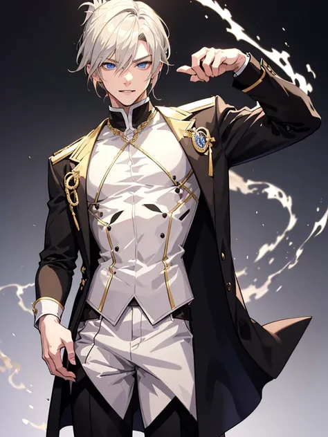 Anime attractive man, 20 year old, blonde hair, very very short ponytail, tall, muscular, black suit, silver lining, formal clothes, solo, one person, high resolution, high quality, masterpiece, masculine face, smirk.