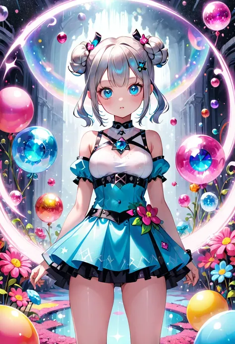 fantasy world that combines flower-punk and gem-punk, kawaii, cute magical girl, silver two side twin bun silky straight with blunt bang, cute lazy look, blue big eyes, glamorous proportions, wearing magical girl costume with a large opening at the chest, ...