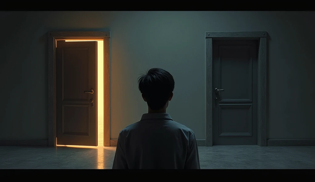  Image of a person looking at two opposite doors, with a light path and a darker one.