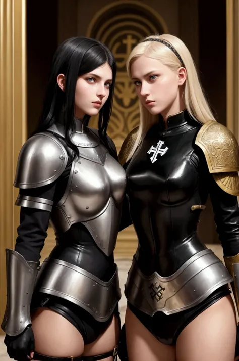 two girls, german womens, catholics, nazi , black hair,blondes perfect face, detailed face, lesbians, warriors roman, using sexy armor , soft lesbians, sexy, full body