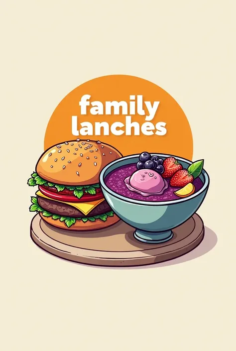 Crie uma logo para um food truck, with a photo of a hamburger and an açaí in the background, highlighting the sentence "Family  Lanches" exactly like that the sentence