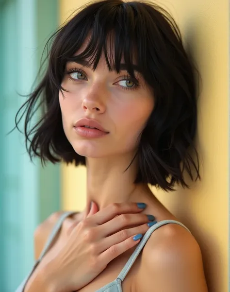 RAW photo, best quality, masterpiece, photorealistic, Polish girl, 20 years old, black hair, Light grey eyes, short bob cut, hair in 7 thirds, hair over one ear, Symmetrical eyes, Detailed Skin, Detailed face, Detailed hands, Big Breasts, rip gloss, Shot i...