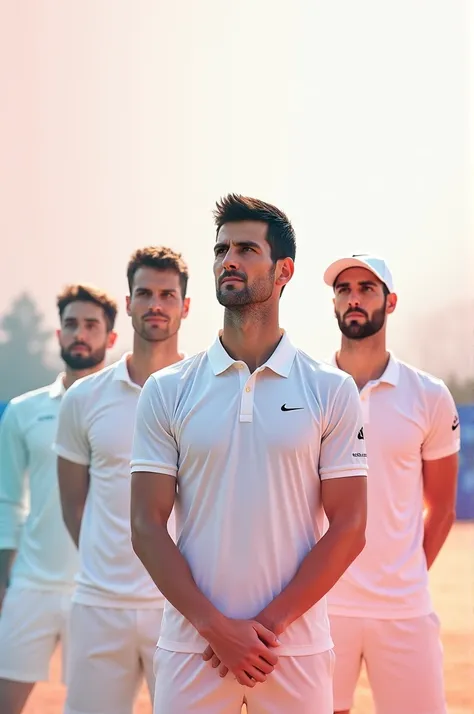 Minimalist square-sized image of Novak Djokovic with Sinner Nadal, Alcaraz and Rublev, playing a game. In the background a tennis court, with soft and pretty colors, and Novak Djokovic&#39;s English phrase: “The winner is the one who believes in victory mo...